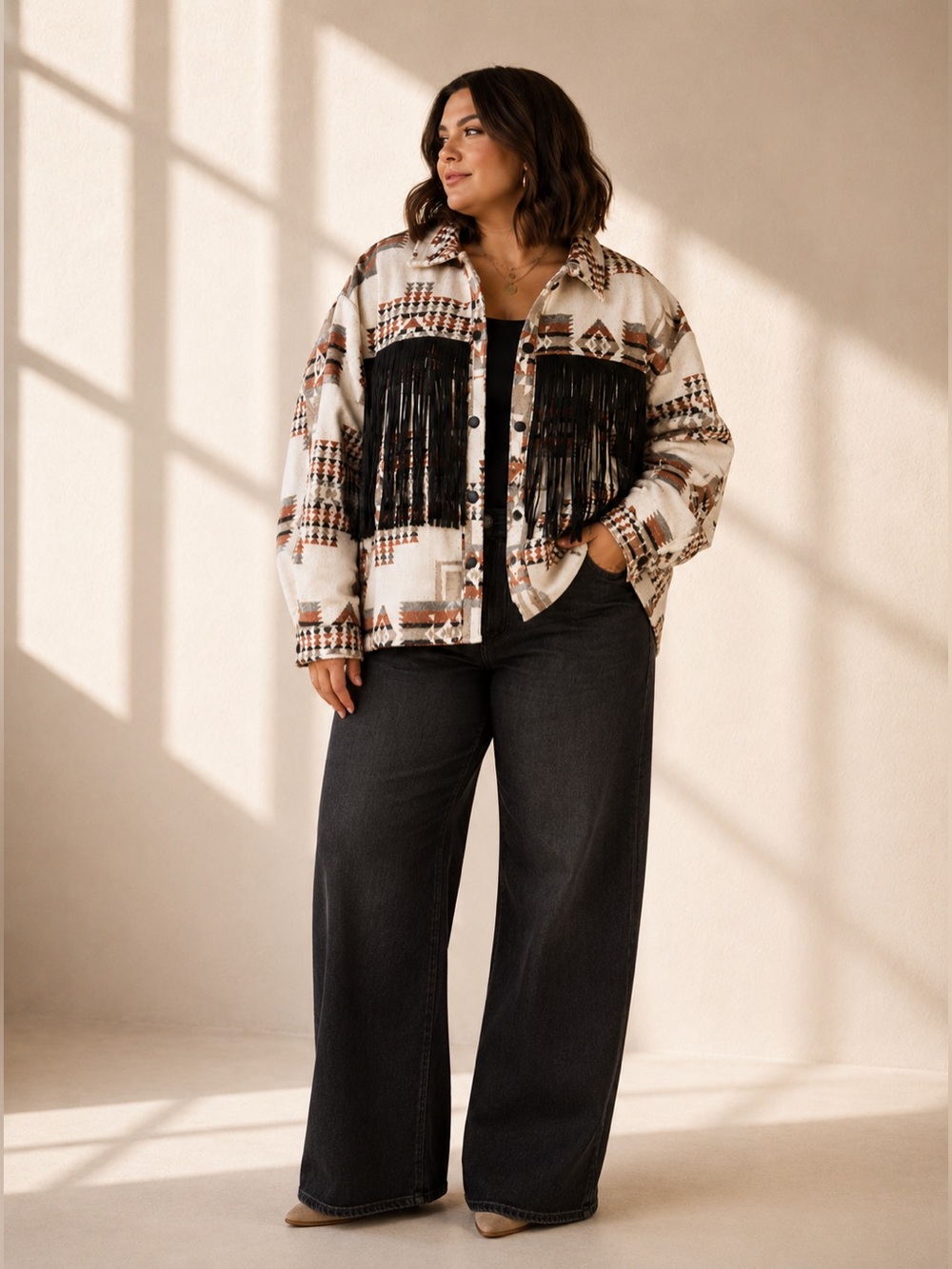 NWT Grace + Emma 2XL Western Aztec Fringe Sherpa Lined Shacket Jacket